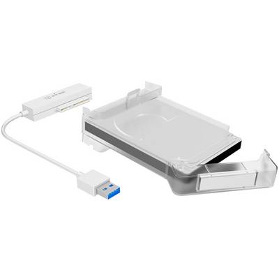 External hard drive enclosure with USB connection, transparent casing. Ideal for easily connecting hard drives to computers.