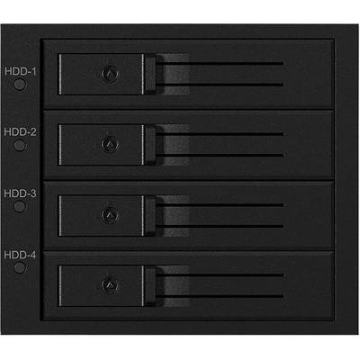 A black hard drive bay with four compartments, numbered from HDD-1 to HDD-4, each featuring a locking mechanism.