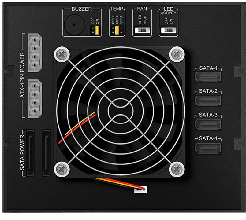 'Electronic device with a fan in the centre, connections on the left and right, and control lights at the top for temperature and activity.'
