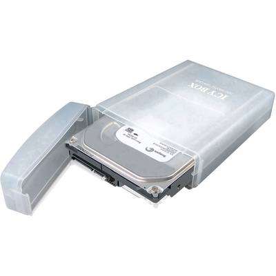 External hard drive in a transparent case with connected cable, suitable for data storage and backup.