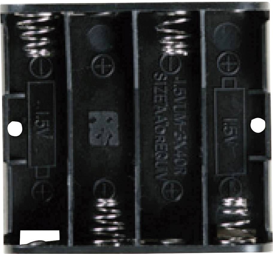 A plastic battery compartment for three AA batteries, closed. Inside, metal springs and contacts are visible.