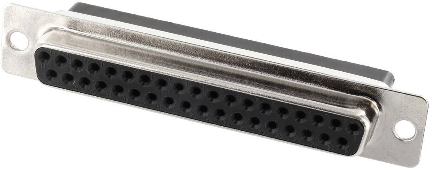 A black, rectangular connector with many round holes, housed in a silver metal casing with screw openings at the ends.