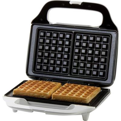 A waffle maker with an open lid, with two golden-brown waffles resting on the hot plate.