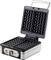 A black and silver waffle maker with an open lid. It has two rectangular waffle moulds and a temperature control.