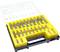 A yellow suitcase containing numerous metal drill bits in various sizes, neatly sorted in compartments, stored in a transparent lidded container.
