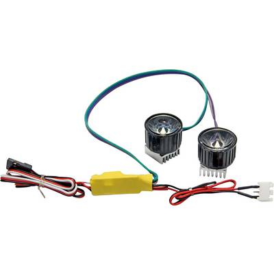 Two small LED lights with heat sinks, connected by cables, equipped with plug connectors for electrical connection.