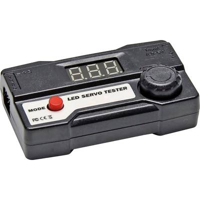 A black LED servo tester with digital display and red mode button for controlling servos in model electronics.