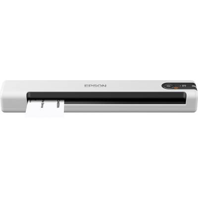 A portable Epson scanner is scanning a document. The device is compact and white, with a black scanning area and control buttons on the right.