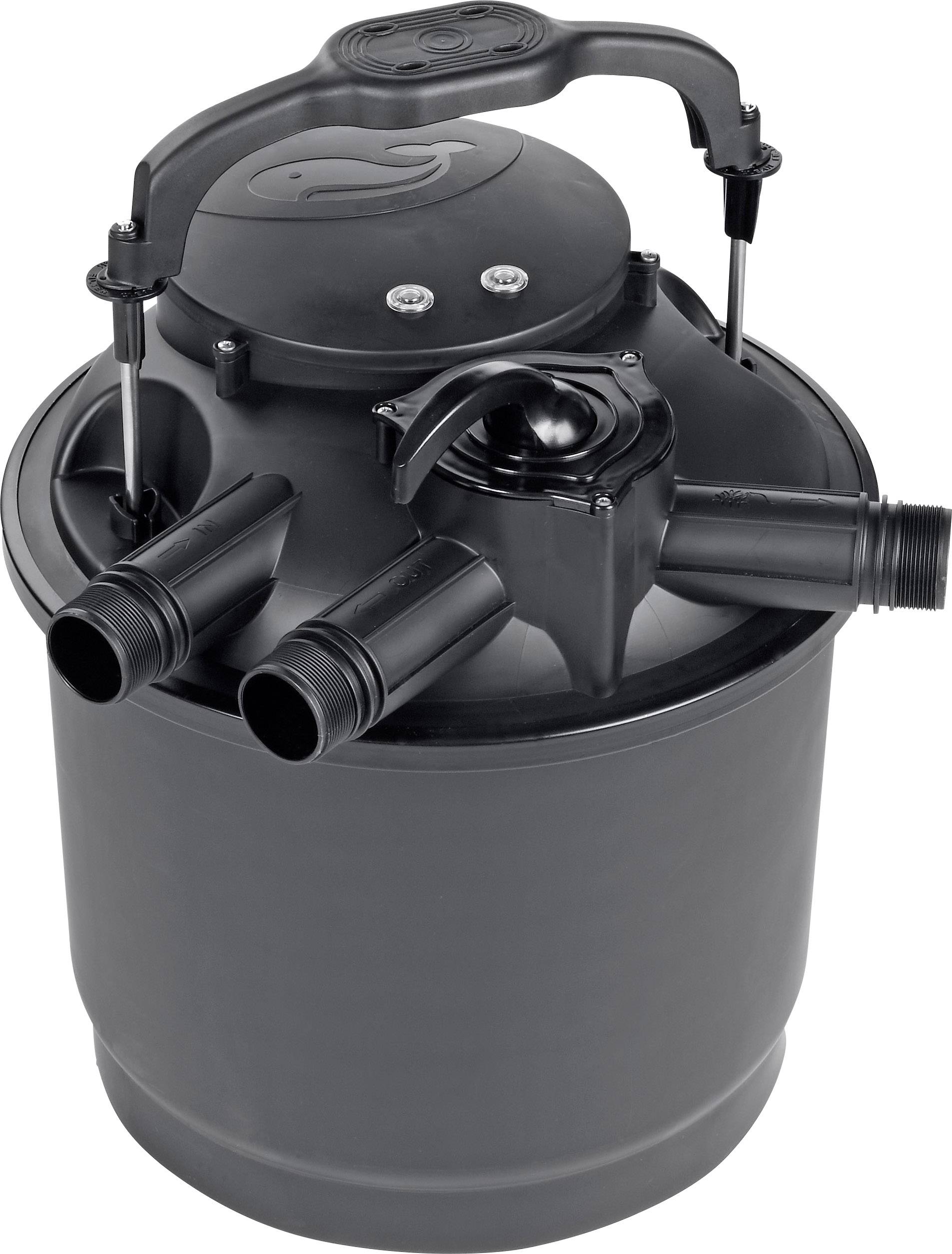 Black pond filter in cylindrical form with multiple inlets and outlets. Top surface with handle and two visible push buttons.