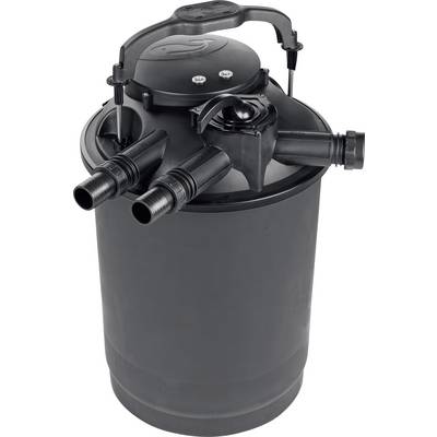 Black cylindrical pond filter with two side connections and an upper handle for water purification.