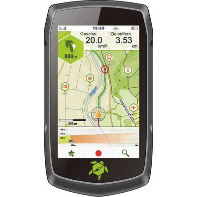 Bicycle navigation device shows map with green route, destination distance 3.53 km, speed 20 km/h, altitude 880 m.