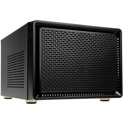 Black rectangular computer case with perforated front panel and side ventilation slots, sitting on gold-coloured stand feet.
