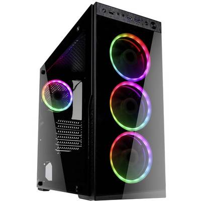 Black computer case with four illuminated RGB fans at the front and one on the side. Top surface has USB ports.