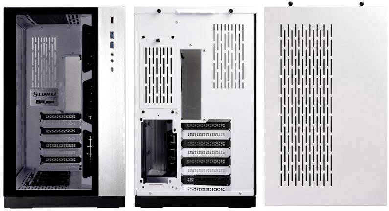Computer case shown from front, back, and side, with multiple hard drive bays and ventilation openings.