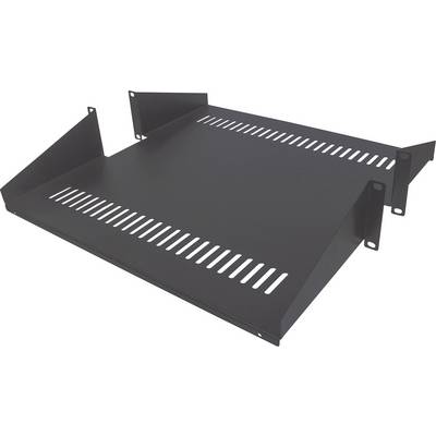 A black metal shelving unit with ventilation slots, suitable for mounting in a server or network cabinet for storing equipment.