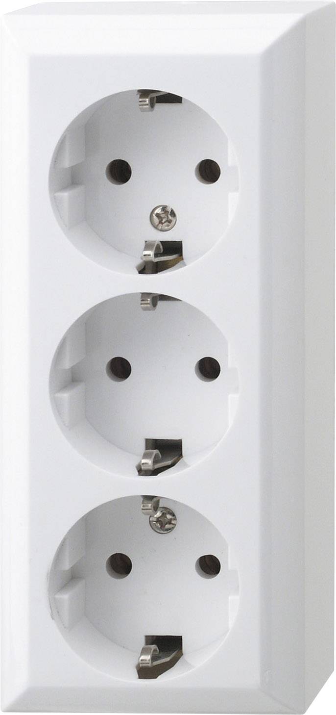 Triple socket in white mounted on a wall, suitable for connecting up to three electrical devices.