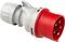 Three-pole red and white electrical plug with robust design, suitable for industrial applications and high current strengths.