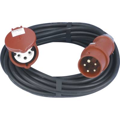 A red, three-pin industrial extension lead with plugs at both ends, suitable for industrial machinery.