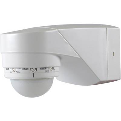 A white motion sensor on the wall with dials to adjust the detection range, sensitivity, and light sensitivity.