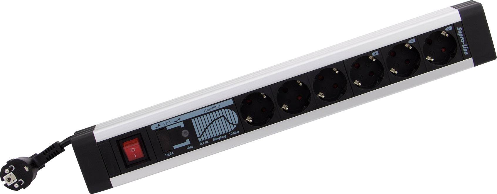 Six-socket power strip with an on/off switch, Schuko plug, silver casing, suitable for office applications.