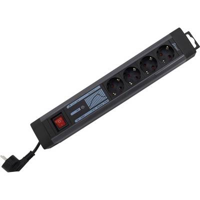 Four-way power strip with switch, black design, for connecting multiple devices to a single power source.