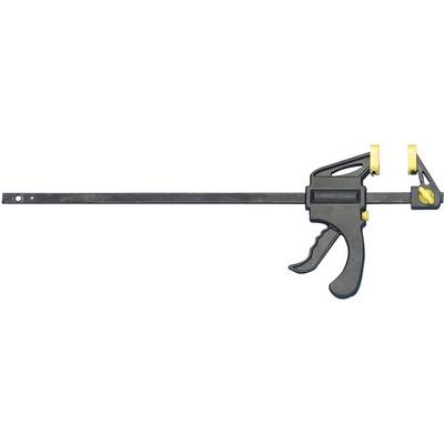 Quick-release G-clamp with a black body and yellow locks, ideal for securing workpieces during woodworking.