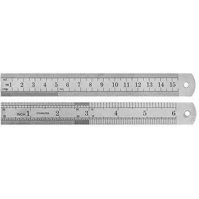 Two metal rulers with centimetre and inch scales; the upper one shows 0 to 15 cm, the lower one 0 to 6 inches.