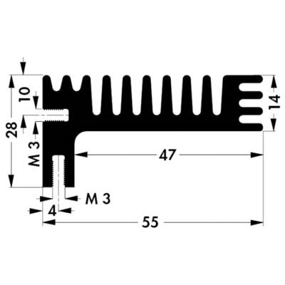 Heatsink profile with dimensions: Width 55 mm, Height 28 mm, vertical fins 14 mm high, horizontal fins 10 mm high. M3 screw thread.