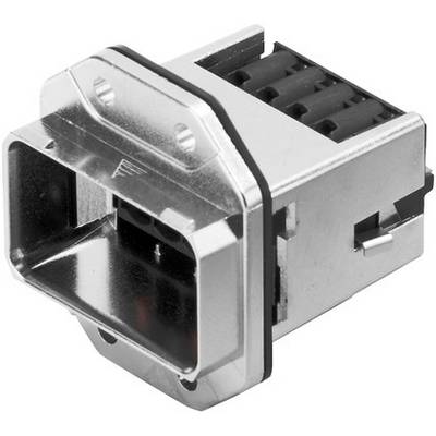 A metallic connector with a rectangular shape and plastic components. Suitable for electronic device connections.