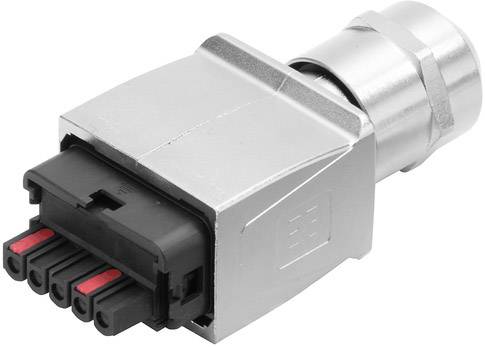 Connector with a metal housing and five black and red terminals, suitable for industrial applications.