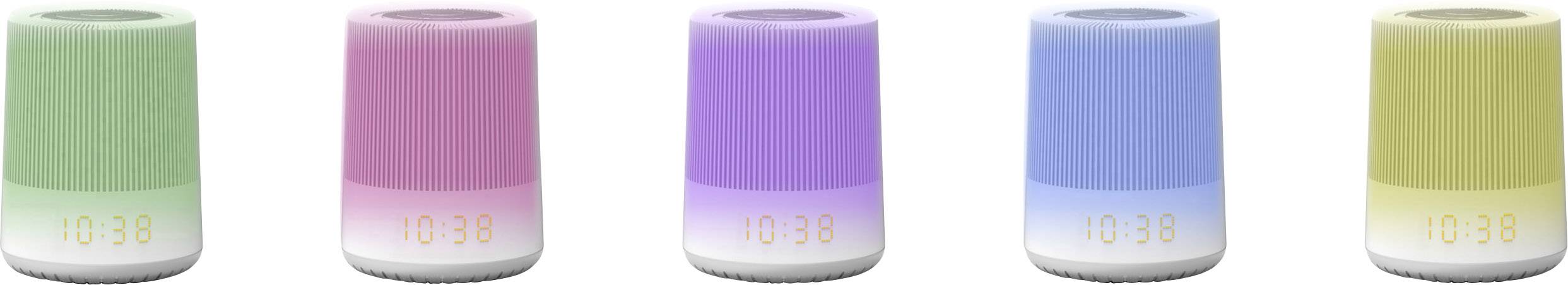Five colourful digital alarm clocks with LED display, each showing "10:38". Colours from left to right: Green, Pink, Purple, Blue, Yellow.