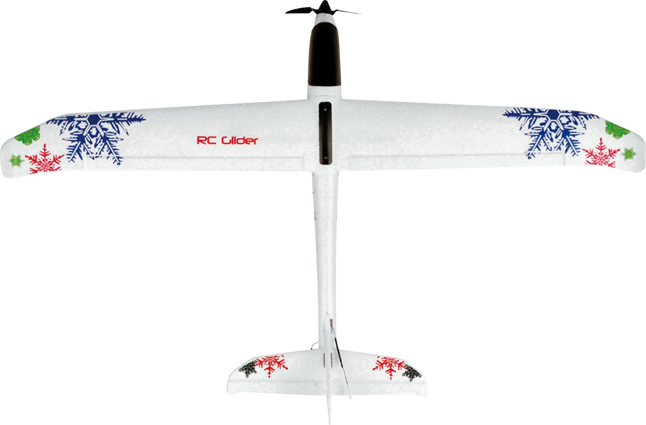 A remote-controlled model aeroplane in white with blue and red snowflake patterns on the wings, viewed from above.