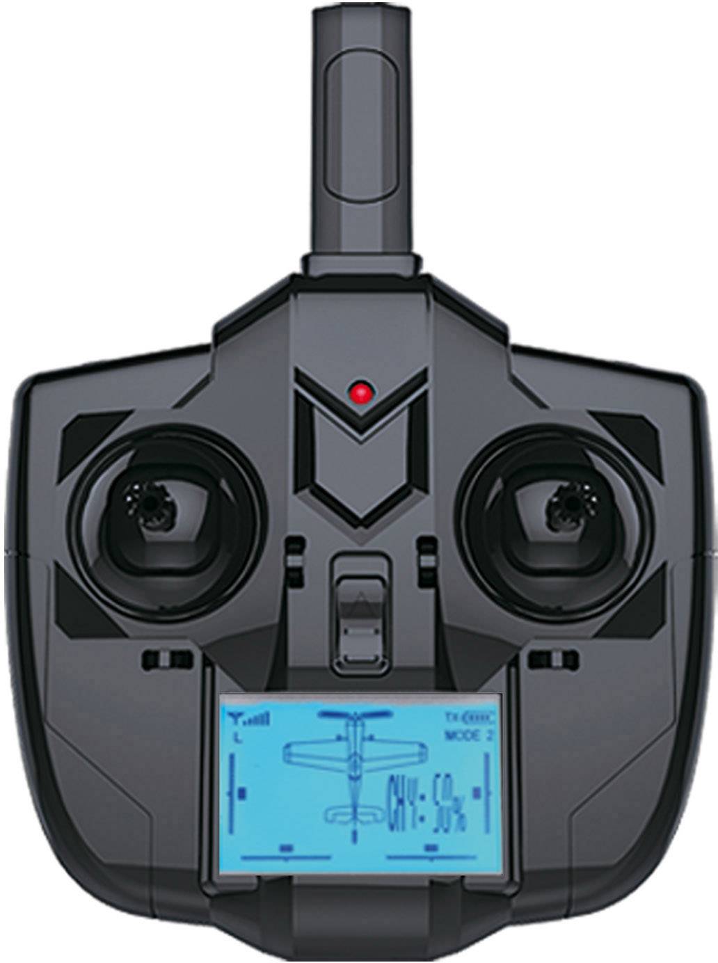 Black drone controller with an antenna and blue-illuminated display, showing joystick positions and 50% battery level.