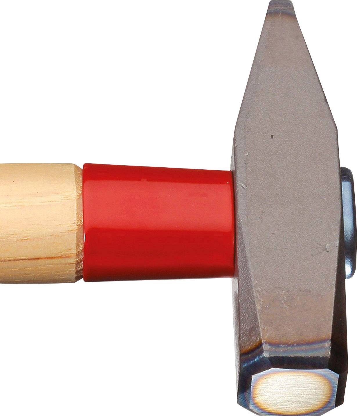 A hammer with a red handle and metallic head, the end piece pointing to the right; suitable for a DIY or construction context.