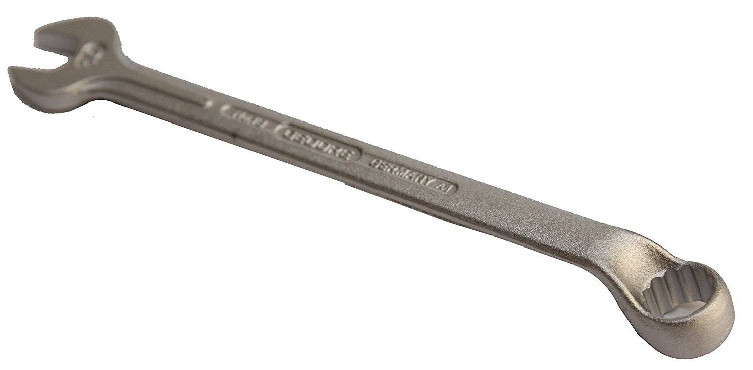 A metal double-ended spanner with an open and a ring end, commonly used in mechanics or repairs.