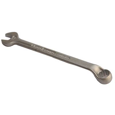 A metal double-ended spanner with an open and a ring end, commonly used in mechanics or repairs.