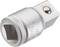 Metal adaptor with square opening and ball for securing tools. Suitable for socket wrenches.