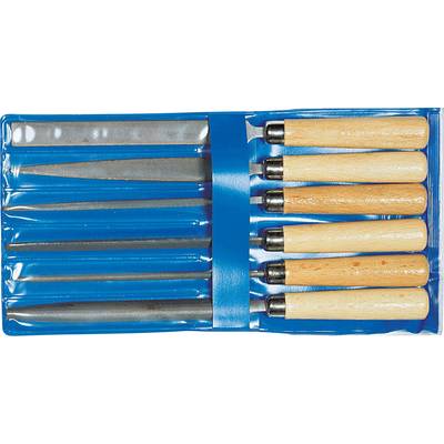 A set of wooden-handled rasps comprising five different files, organised in a blue plastic case.