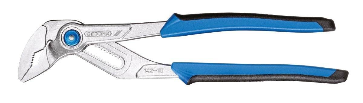 A silver water pump pliers with black and blue handles.