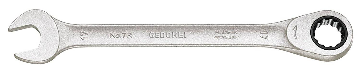A silver spanner with an open and ratchet end, marked with '17'. Text: 'GEDORE', 'MADE IN GERMANY'.