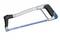 Metal saw with a silver frame and blue saw blade, black handle for ergonomic grip.