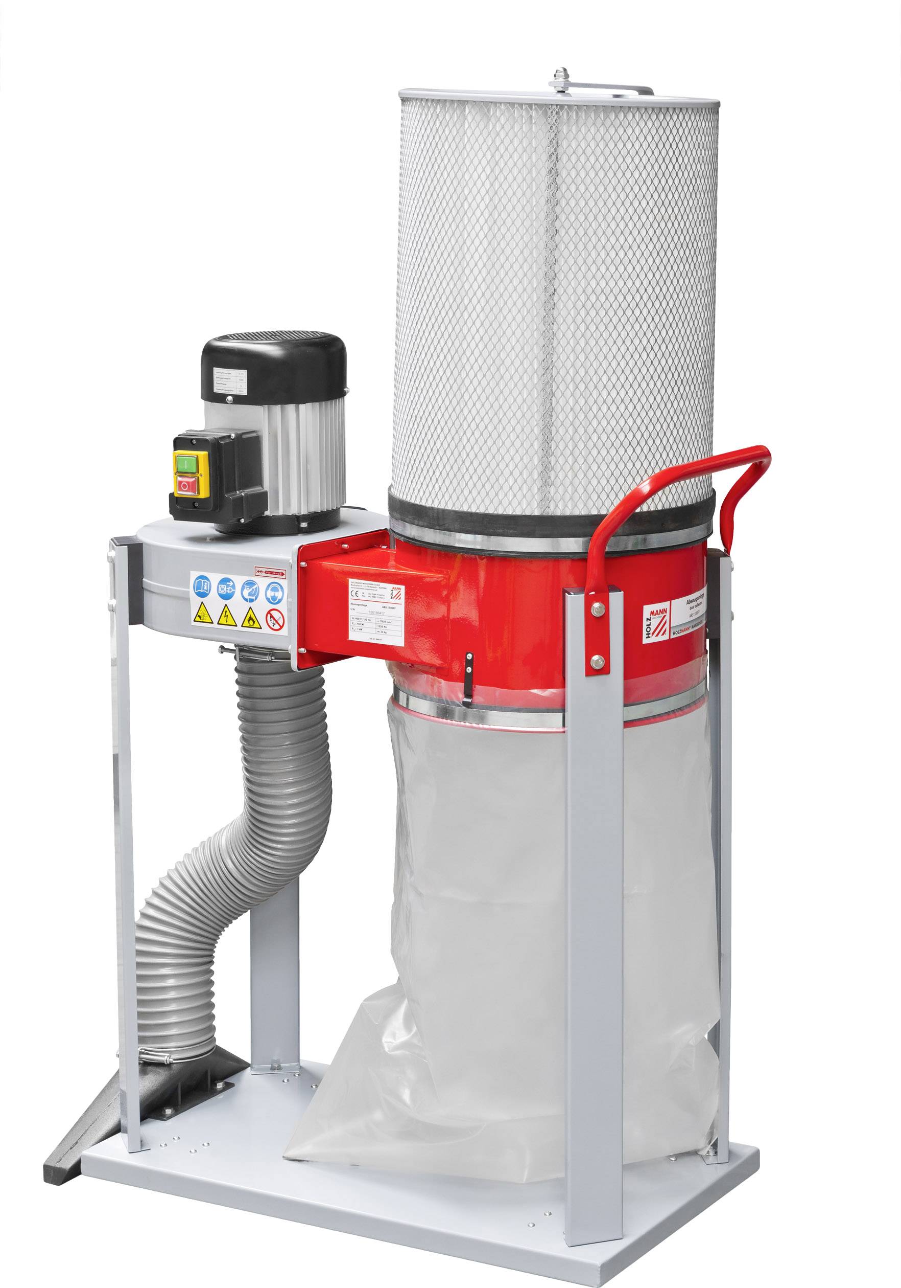 Dust extraction system with motor, filter, and dust bag. Primarily used in workshops for particle removal.