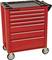 Red tool trolley with seven drawers, including three large and four small. A black worktop on top. Mobile with four wheels.