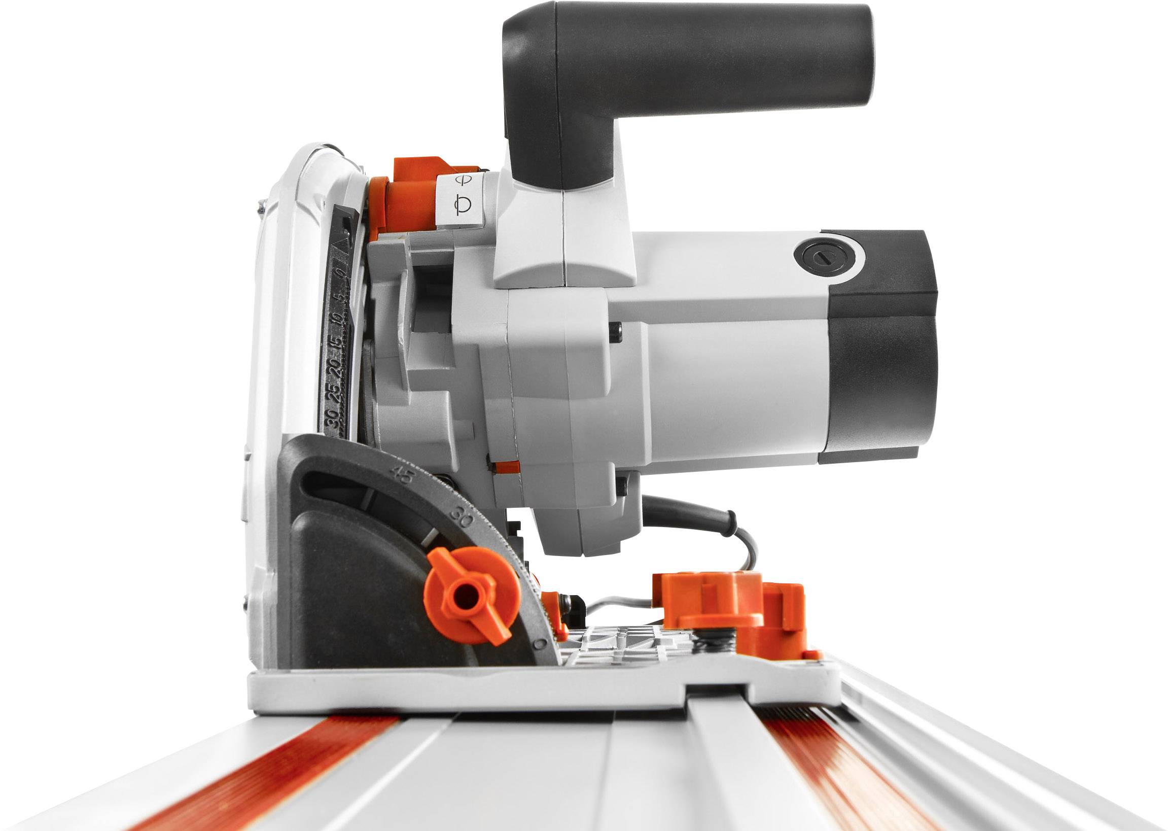 An electric circular hand saw with a guide rail is shown from the side. It has a black handle and red control elements.