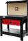 A workbench with a black frame, red drawer system, perforated back panel and 'Holzmann' logo. Suitable for tools.