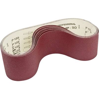 Red abrasive sanding belt in a loop shape, suitable for professional applications, with printed grit grade 'P120'.