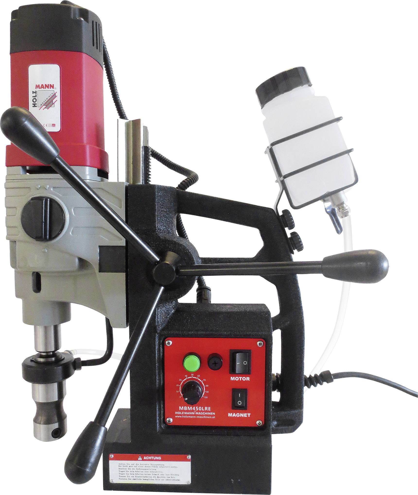 Magnetic drill with a red and black casing, control buttons on the front and a container on the right side.