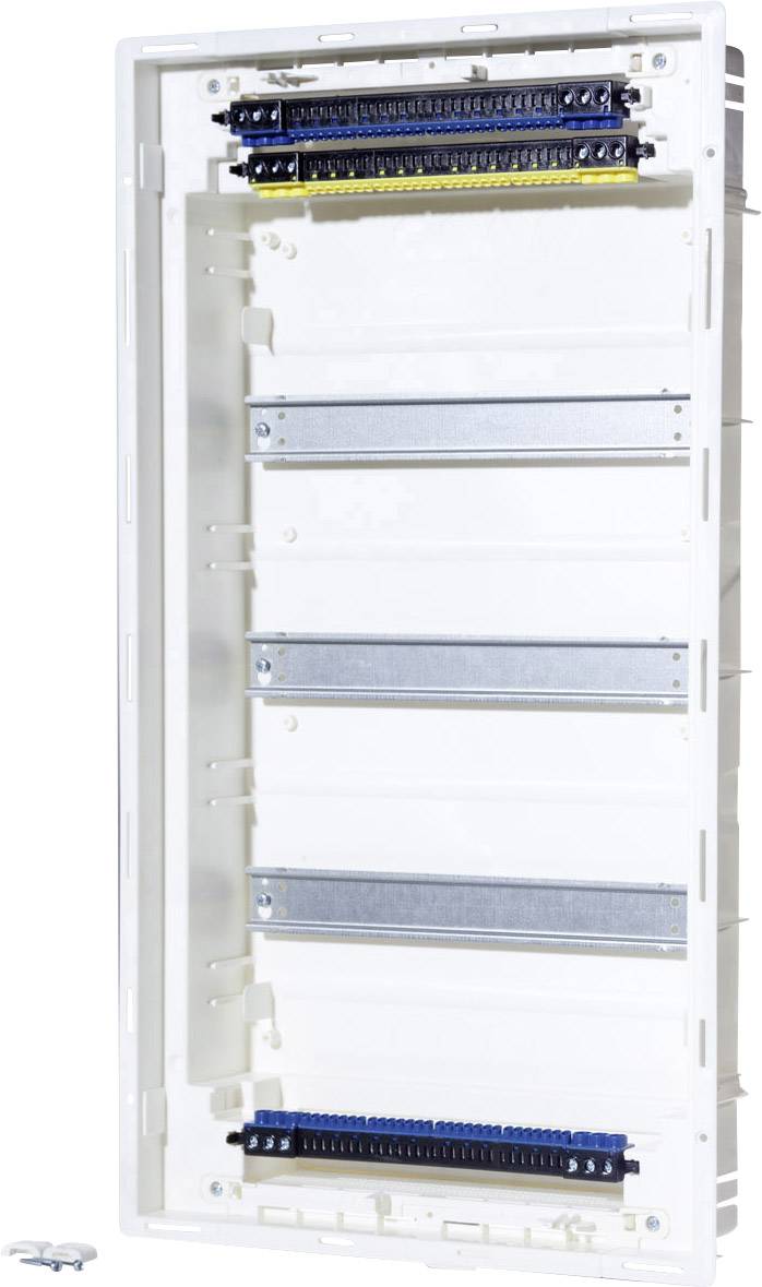 Empty plastic distribution board with multiple mounting levels for installing fuses and electrical circuits.