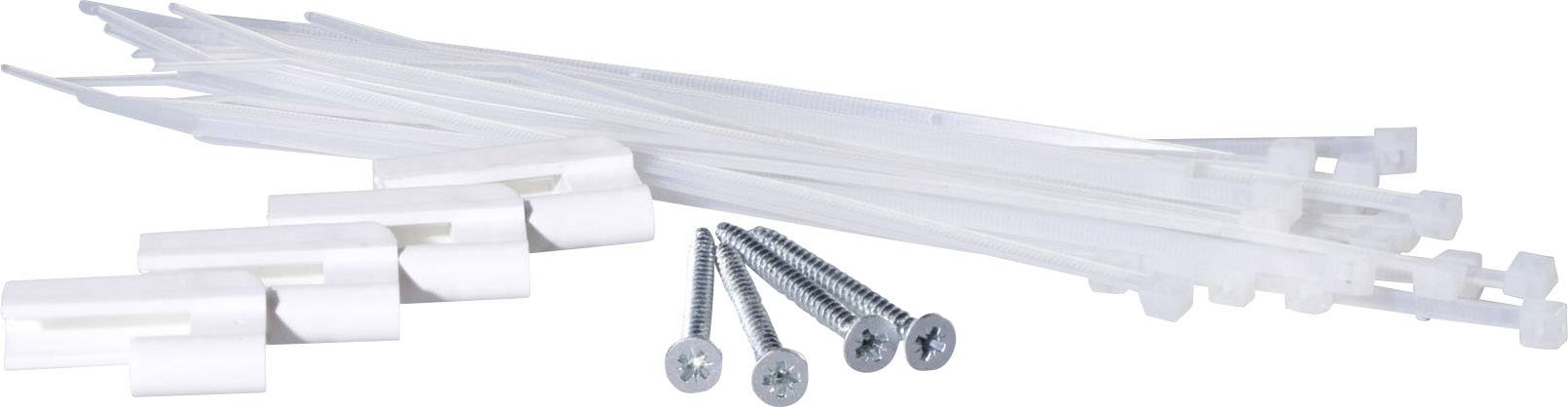 Cable ties and screws in white, suitable for fastening or installation purposes, on a white background.