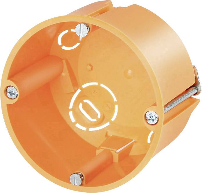 An orange recessed mounting box with four screw holes, suitable for installing electrical switches or sockets.